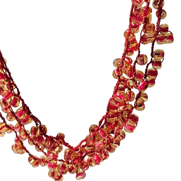 Handcrafted Retro Red Gold Glass Bead Multi Strand Necklace 60s 70s Fashion - Picture 2 of 5